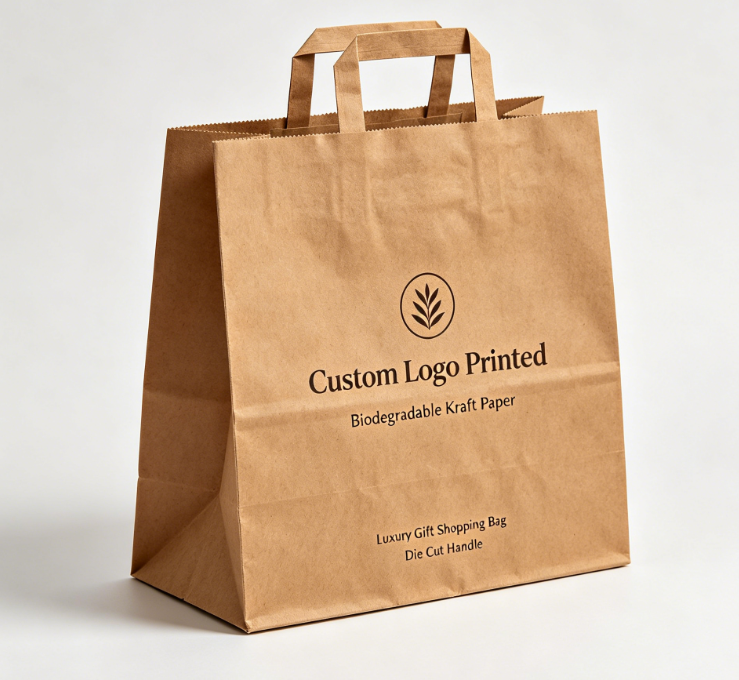 Custom na Logo Biodegradable Die Cut Handle Kraft Paper Gift Shopping Bag