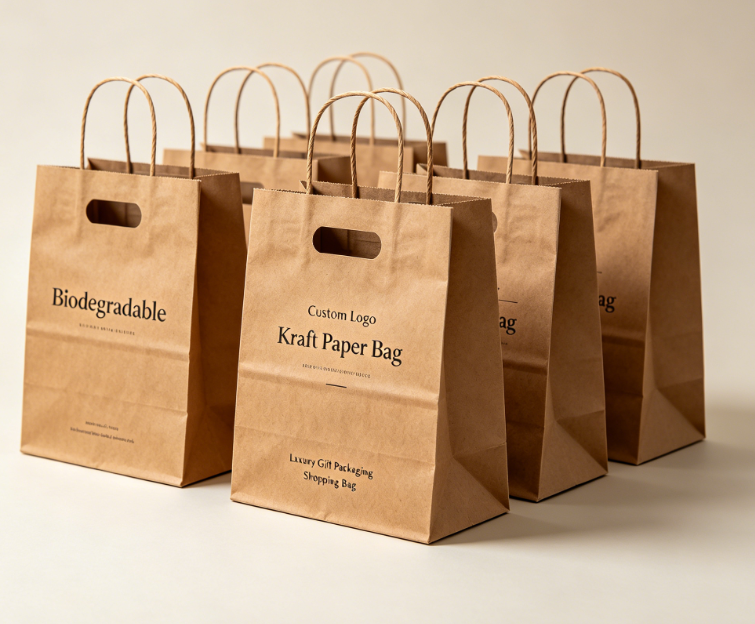 Custom na Logo Biodegradable Die Cut Handle Kraft Paper Gift Shopping Bag