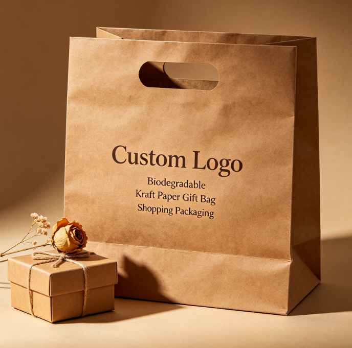 Custom na Logo Biodegradable Die Cut Handle Kraft Paper Gift Shopping Bag