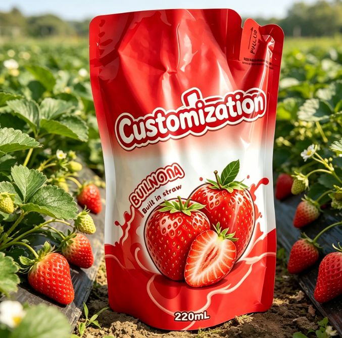 Custom Printed Built-in Straw Pouches 220ml Para sa Juice Fruit Puree Drinks