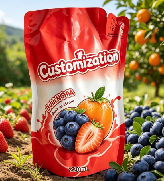 220ml Mango Fruit Puree Built-in Straw Pouches Custom Printed Drink Packaging Bags