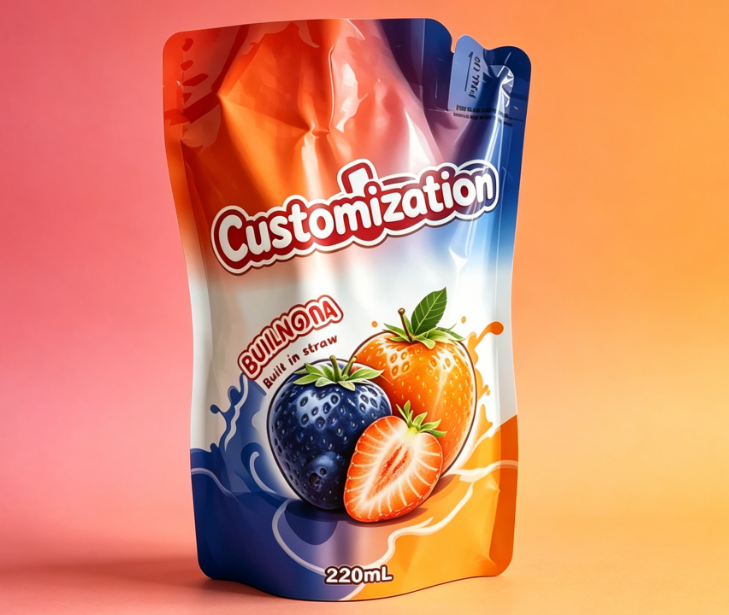 220ml Mango Fruit Puree Built-in Straw Pouches Custom Printed Drink Packaging Bags