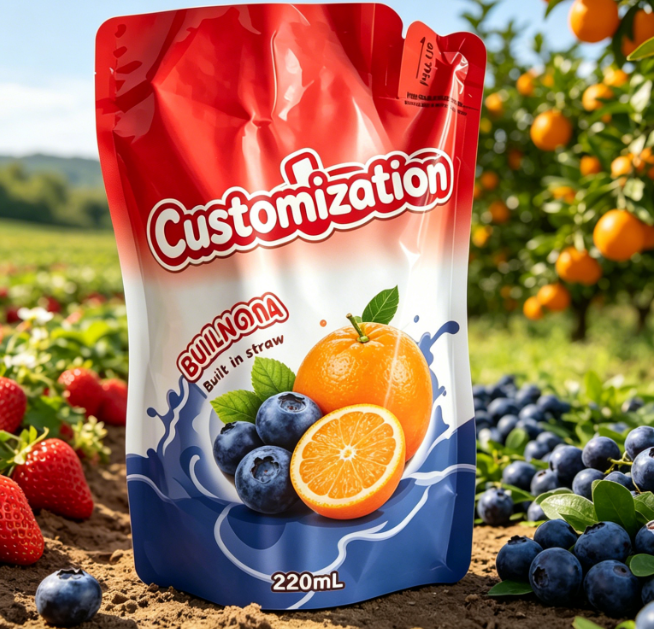 220ml Mango Fruit Puree Built-in Straw Pouches Custom Printed Drink Packaging Bags